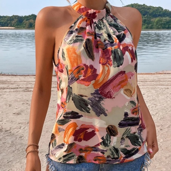 Boho Watercolor Brush Print Halter Top - Picture 3 of 5